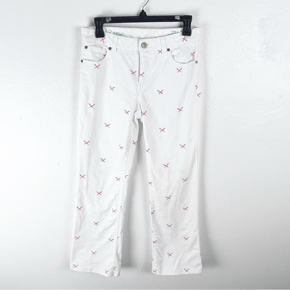LILLY PULITZER White Aida Martini Sword Embroidered Stretch Jeans Size 4 Preppy